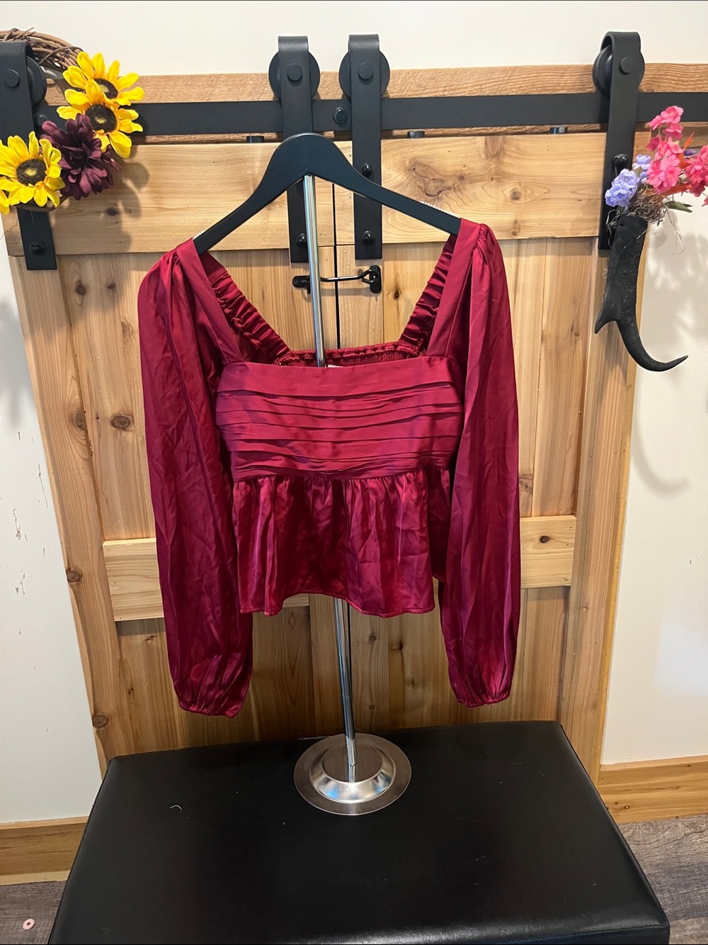 Abercrombie & Fitch Wine Satin Peplum Top